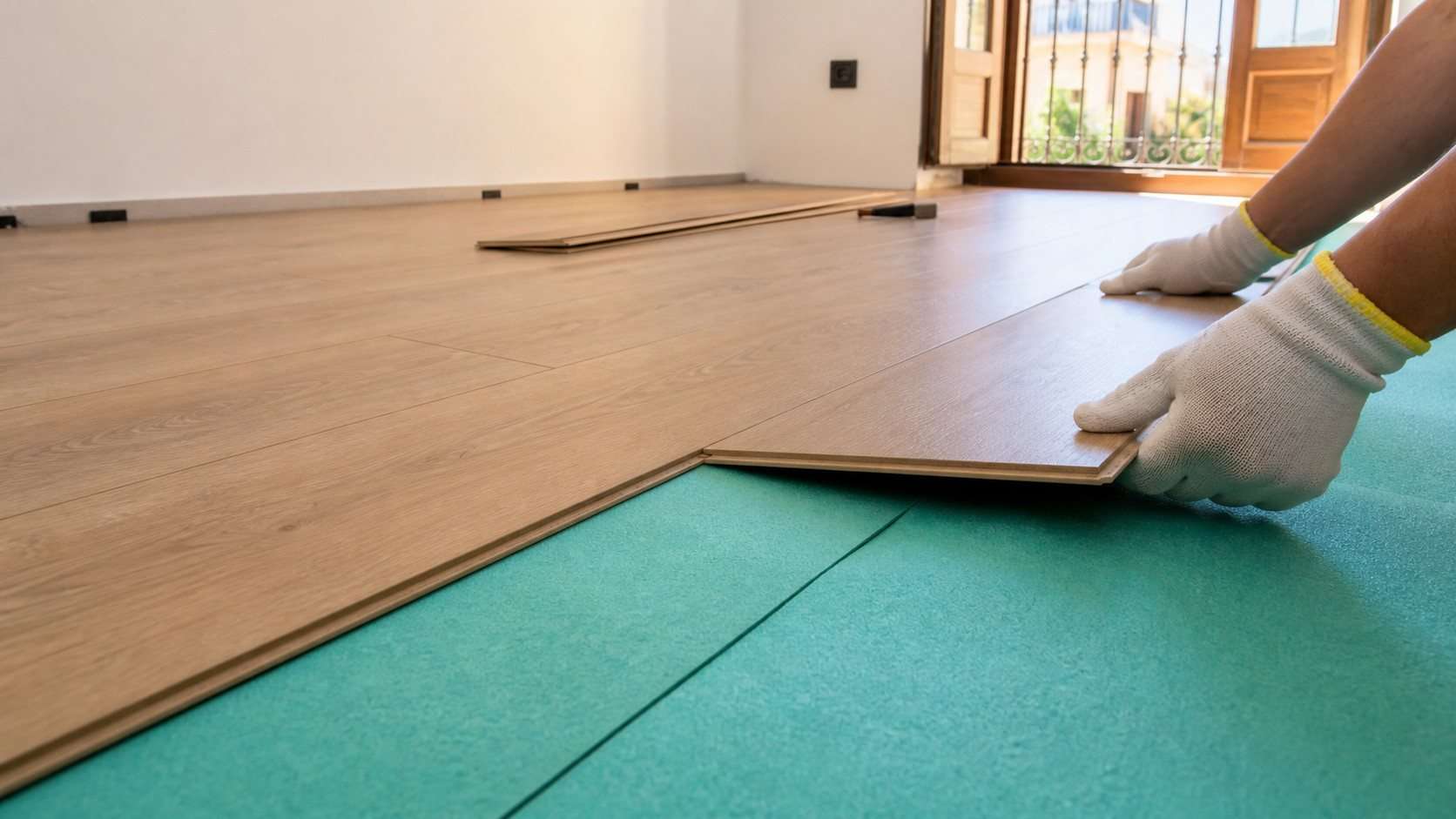 Instalación de una base acústica bajo lamas de suelo flotante en un dormitorio